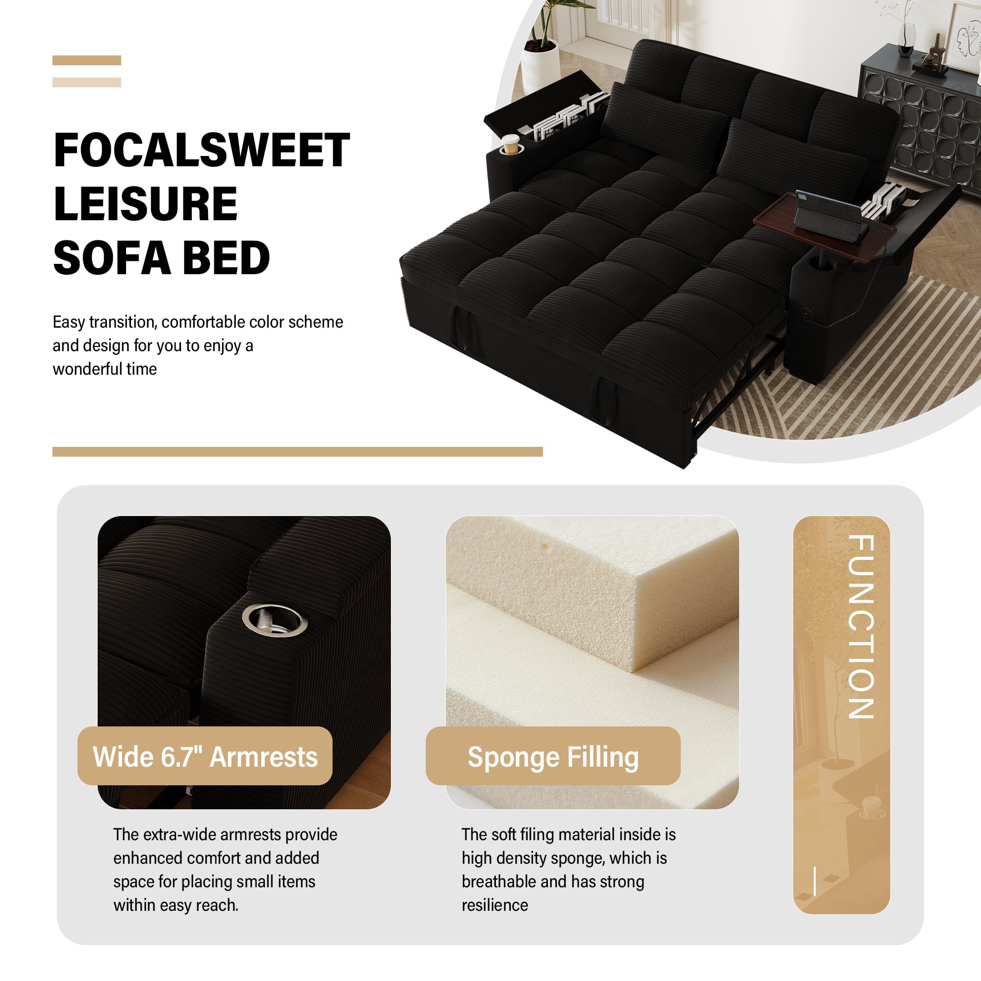 Aukfa 65"W Convertible Sofa Bed with Storage, 3-in-1 Corduroy Queen Sleeper Sofa Couch with 360° Swivel Side Table & USB /Type-C Ports,Black