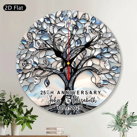 Custom 25th Silver Wedding Anniversary Round Wall Clock, Tree of Life 25th Anniversary Gift, 25th Wedding Anniversary Keepsake