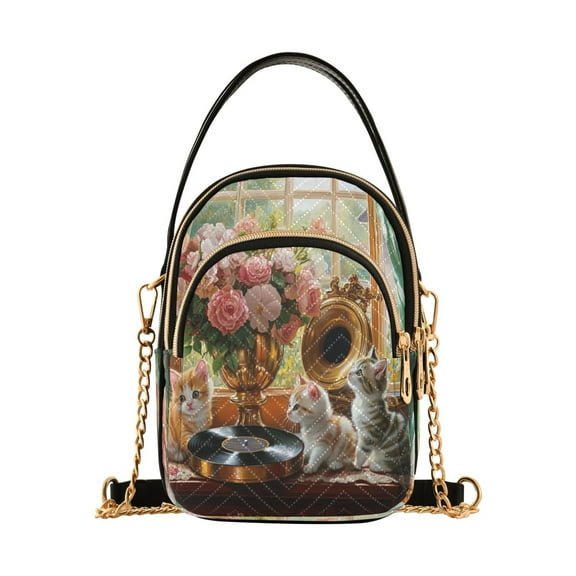 YAZAOO Cross Body Fashion Shoulder Waist Purse Bags Kittens Flowers Gramophone Record Pocket Handbags