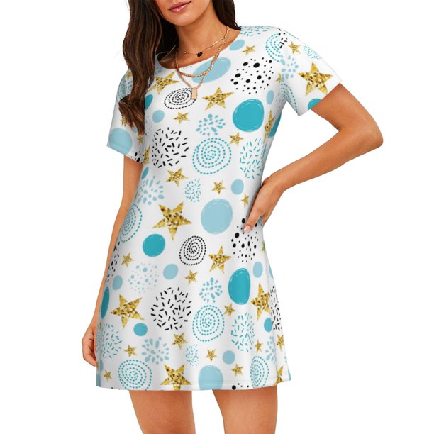 Disketp Gold Stars Blue Dots Pattern para Camisón Corto de Manga Corta para Mujeres, Camisón Cómodo con Escote Redondo, Bonito y Confortable