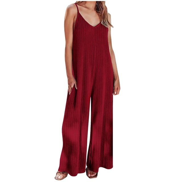 Plebaso Women's V Neck Sleeveless Jumpsuits Loose Spaghetti Strap Casual Wide Leg Rompers with Pockets