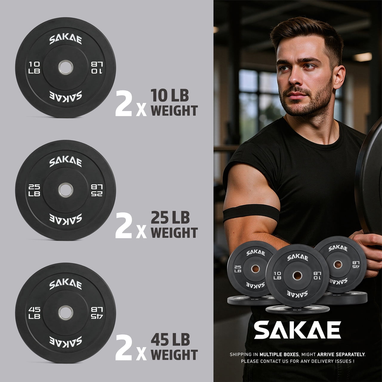 SAKAE Olympic Rubber Bumper Plates, 2-Inch Weight Plates Set with Steel Hub, Ideal for Weightlifting, CrossFit Equipment, Strength Training & Home Gym Workout, 160LB Set (10, 25 & 45LB Pairs)