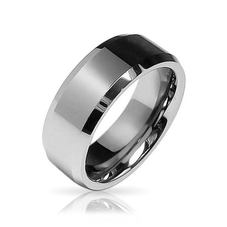 Bevel Tungsten Rings Bands (Simple Matte Brushed Couples Wedding Band Tungsten Ring For Men For Women Beveled Edge Silver Tone Comfort Fit)