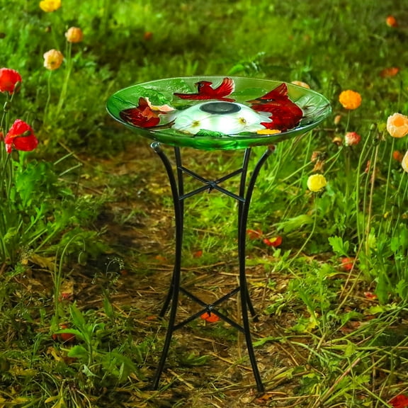 Outdoor Bird Bath, Solar Bird Bath, Red Bird Pattern, with Metal Stand, Attracts Birds,for Garden,Lawns,Patio