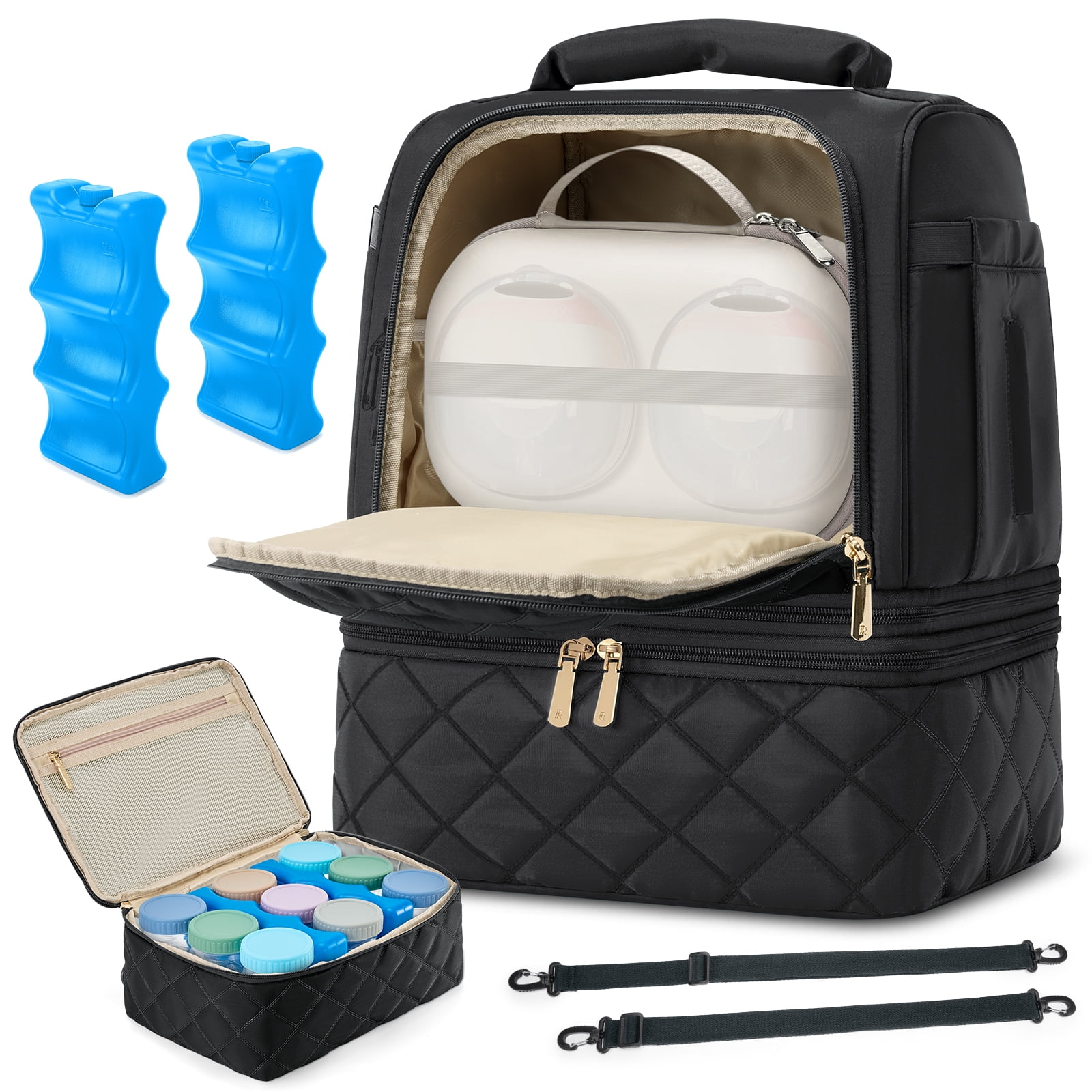RAINSMORE Wearable Breast Pump Bag with Cooler Compartment Ice Packs Milk Bottle Storage Case Portable Cooler Tote for Breastmilk Storage,Black