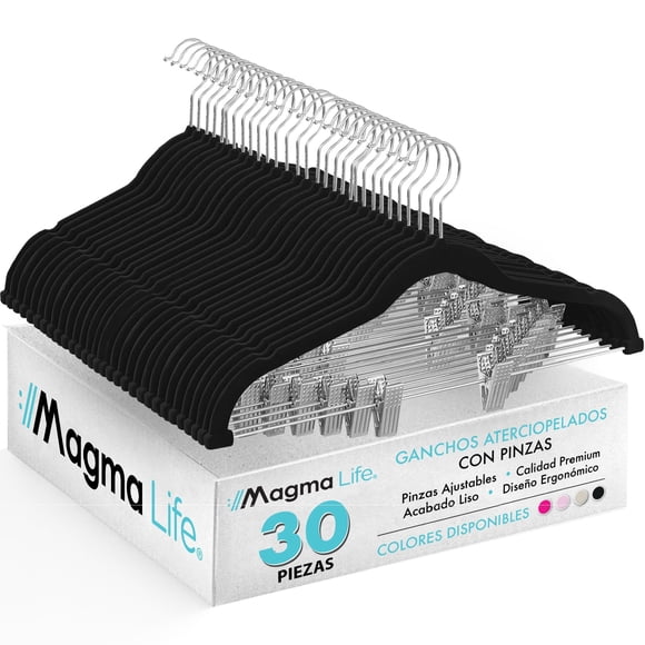 MAGMALIFE Set de 30 Ganchos de Terciopelo Negros con Pinza Ajustable, 42 cm, Ganchos Antideslizantes y Resistentes, con Gancho Giratorio, Ideal para Pantalones, Faldas, Jeans y Camisas