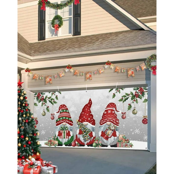 Fsddascl 7 x 16 Ft Christmas Garage Door Cover, Grey Gnomes Christmas Large Garage Door Banner, Red Xmas Balls Tree Snowflake Hanging Garage Mural Background for Indoor Outdoor Xmas Party Supplies