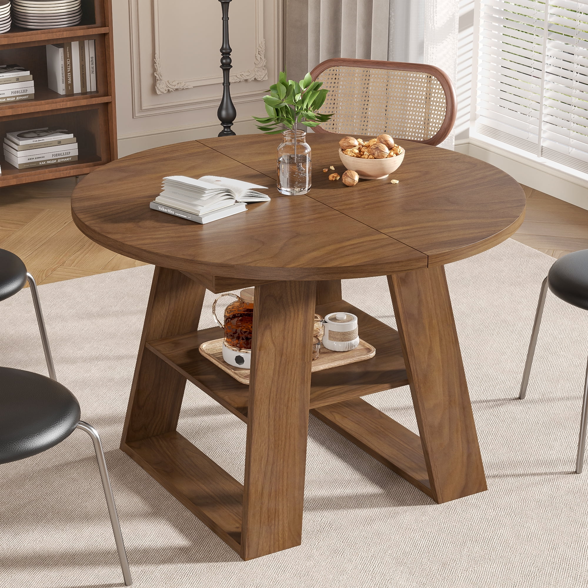 Extendable Round Dining Table for 4, Modern Oval Kitchen Dining Table with Storage Shelf, Dinner Table for Living Room, Walnut