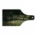 thumbnail image 1 of Hobbits Cutting Board, 4 Small Wooden Rustic Chairs in Backyard Hobbit Land New Zealand Sepia Image, Decorative Tempered Glass Cutting and Serving Board, Wine Bottle Shape, Brown, by Ambesonne, 1 of 1