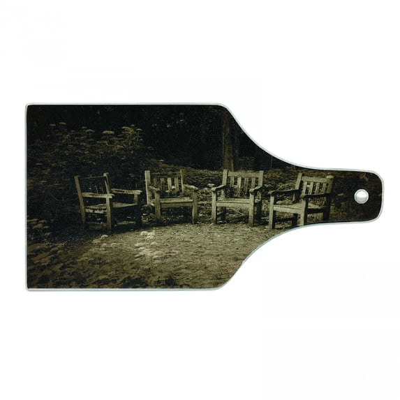 Hobbits Cutting Board, 4 Small Wooden Rustic Chairs in Backyard Hobbit Land New Zealand Sepia Image, Decorative Tempered Glass Cutting and Serving Board, Wine Bottle Shape, Brown, by Ambesonne