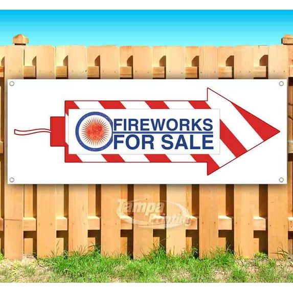 Fireworks For Sale Red And White Striped Rocket Right 13 oz Vinyl Banner With Metal Grommets