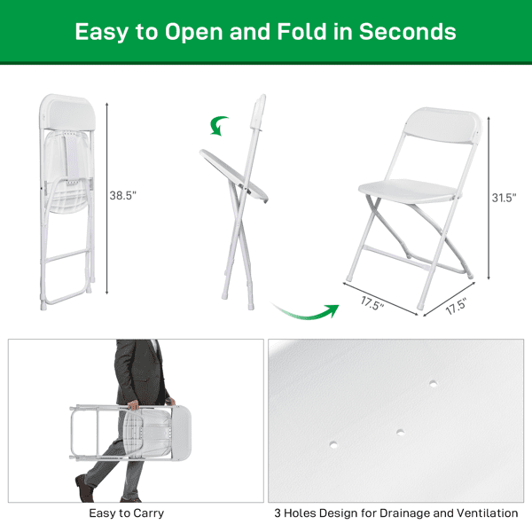 Alvantor 10 Pack Plastic Folding Chairs with Steel Frame, 350 lb Capacity, White