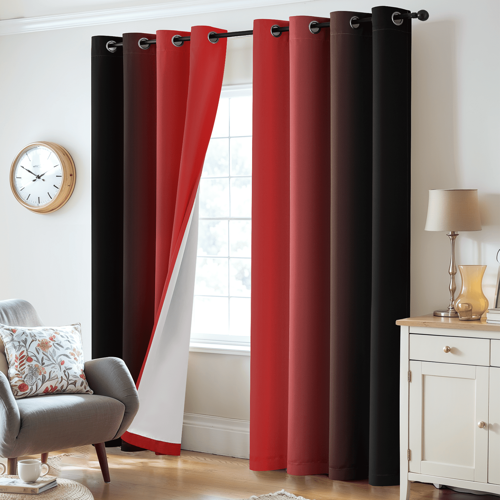 Yakamok 100% Blackout Curtain Panels 84 inches Light Blocking Drapes for Nursery, 2 Thick Layers Thermal Insulated Draperies(2 Pieces,52 Wide Each Panel,Red and Black Front with White Backing)