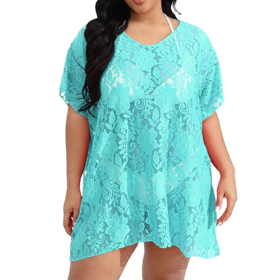 JIAYUE Womens Swimsuit Cover-Ups Half Sleeve V Neck Pullover Plus Size Mesh Hollow Above Knee Comfortable Solid Color Bathing Suit Cover Up Top