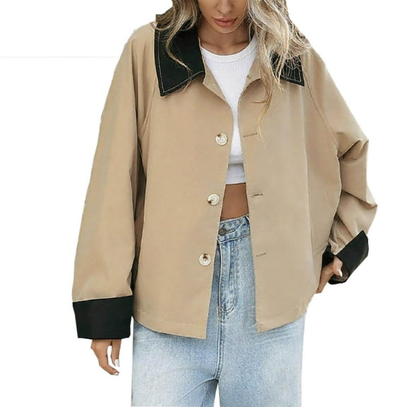 Enjoytime Womens Jacket Patchwork Lapel Long Sleeve Button Down Casual Outerwear Fashion Loose Womens Winter Coats Khaki S