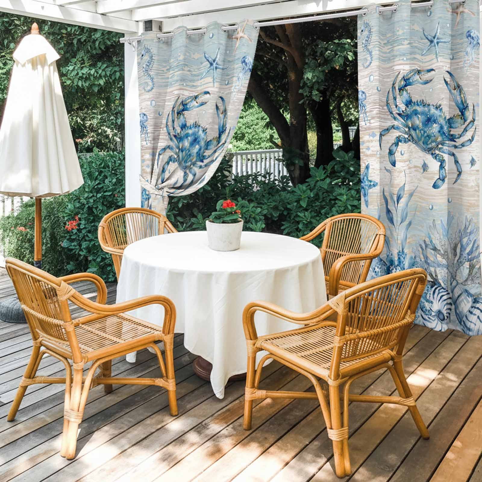Marine Life Outdoor Curtains for Patio, Ocean Crab Coral Starfish Seashell Jellyfish Coastal Sunshade Privacy Drapes Grommet Waterproof Outside Curtains for Porch/Cabana/Balcony 54"x 108", 1 Panel