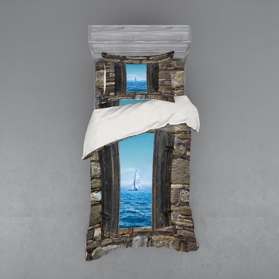 Ambesonne Nautical Bedding Set 3 Pcs, Sailing Boat Idyllic, Twin XL, Grey Blue