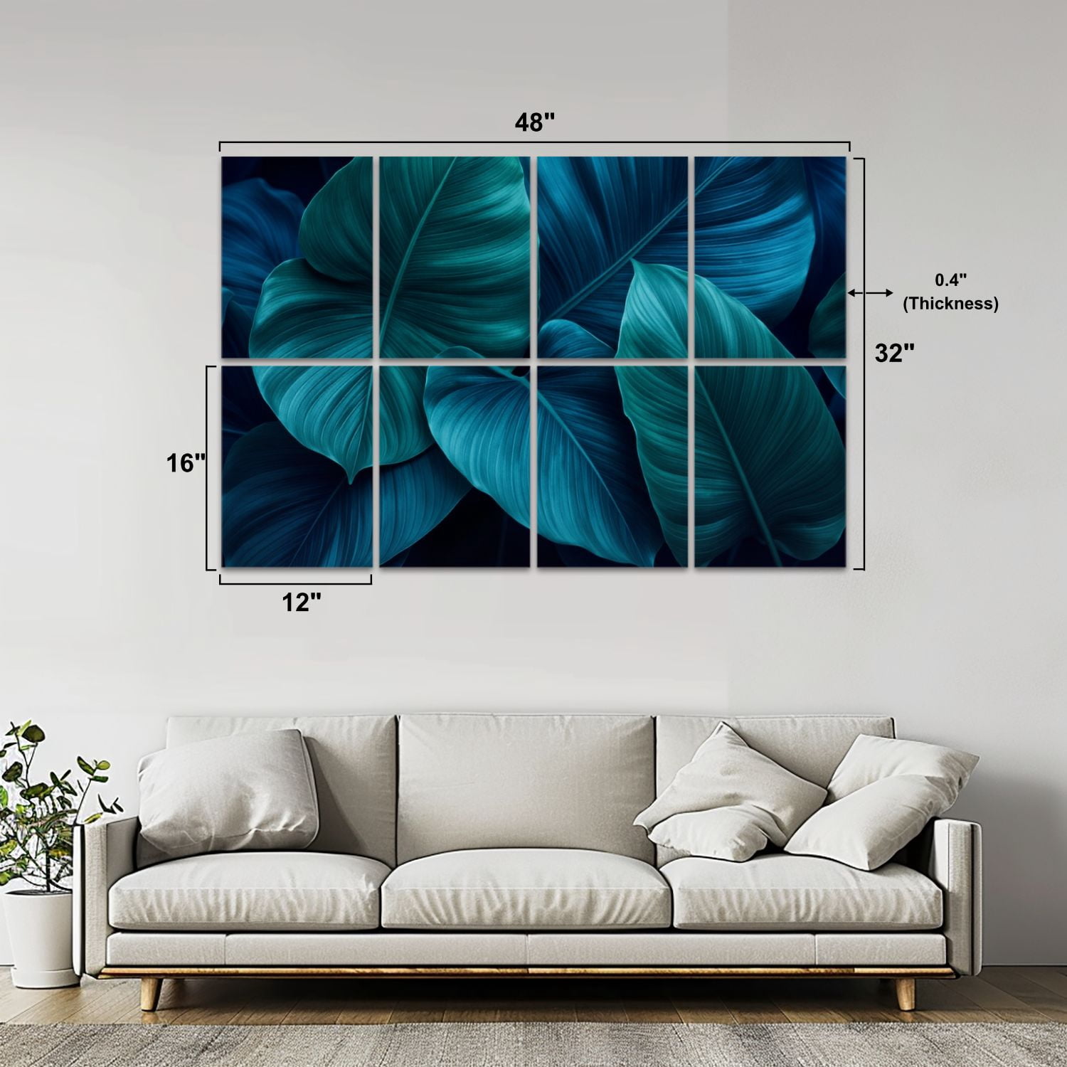 8 Pack Art Acoustic Panels Sound Absorbing Deep Blue Teal Tropical Leaf Abstract Botanical Decorative Soundproof Wall Panels Self Adhesive for Nursery Game Room Bedroom 48"x32"