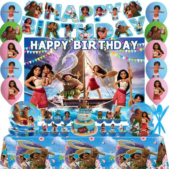96PCS Moana cartoon birthday decorations, party supplies set includes banners, tablecloths, backdrops, balloons, dinner plates, cake cupcake decorations, boy and girl cartoon theme party tablecloths