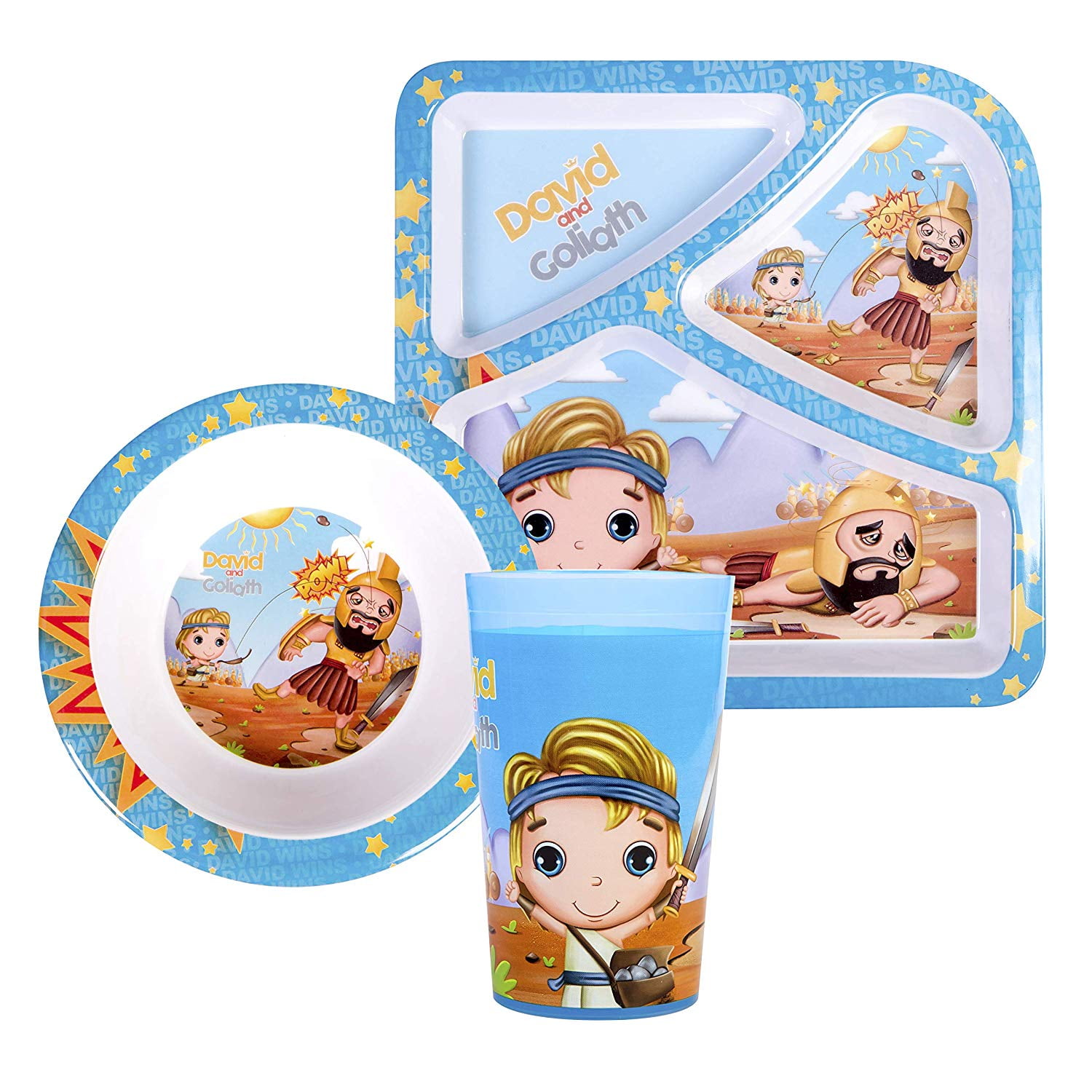 He Loves Me Kids Feeding David and Goliath 3 Piece Set Toddler Dishes Multicolor, BPA Free, Kids Dinnerware Includes Round Bowl, Divided Plate and Children’s Cup Gift for Birthdays & Graduations
