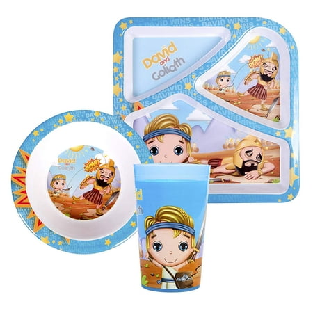 He Loves Me Kids Feeding David and Goliath 3 Piece Set Toddler Dishes Multicolor, BPA Free, Kids Dinnerware Includes Round Bowl, Divided Plate and Children’s Cup Gift for Birthdays & Graduations