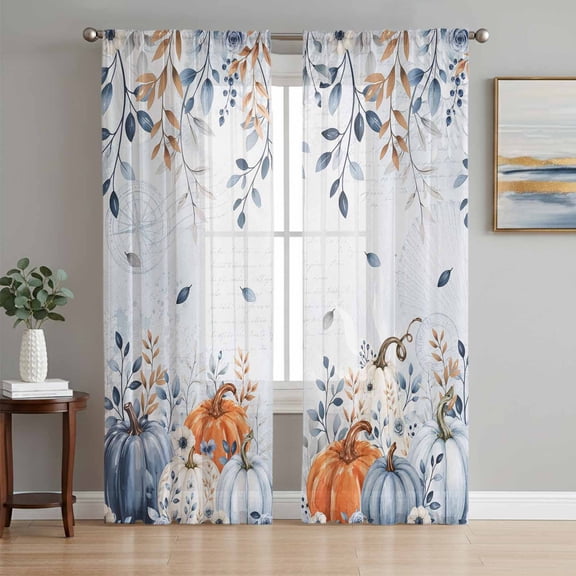 Orange Blue Thanksgiving Sheer Curtains 72 Inch Length 2 Panels Set, Fall Eucalyptus Leaves Florals Voile Window Treatment Rod Pocket Curtains Sheers Drapes for Bedroom/Living Room/Kitchen 52"x72"x2