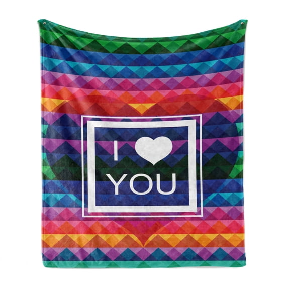 Vintage Rainbow Soft Flannel Fleece Blanket, Colorful Fractal Mosaic Backdrop with Heart and I Love You Frame Valentines, Cozy Plush for Indoor and Outdoor Use, 50" x 60", Multicolor, by Ambesonne
