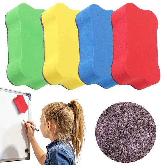 4 Pack Whiteboard Erasers, Thick Blackboard Eraser, Small Bone Shape in Blue Red Yellow Green, Felt Board Cleaner, Dry Erase Accessory for Office and Home