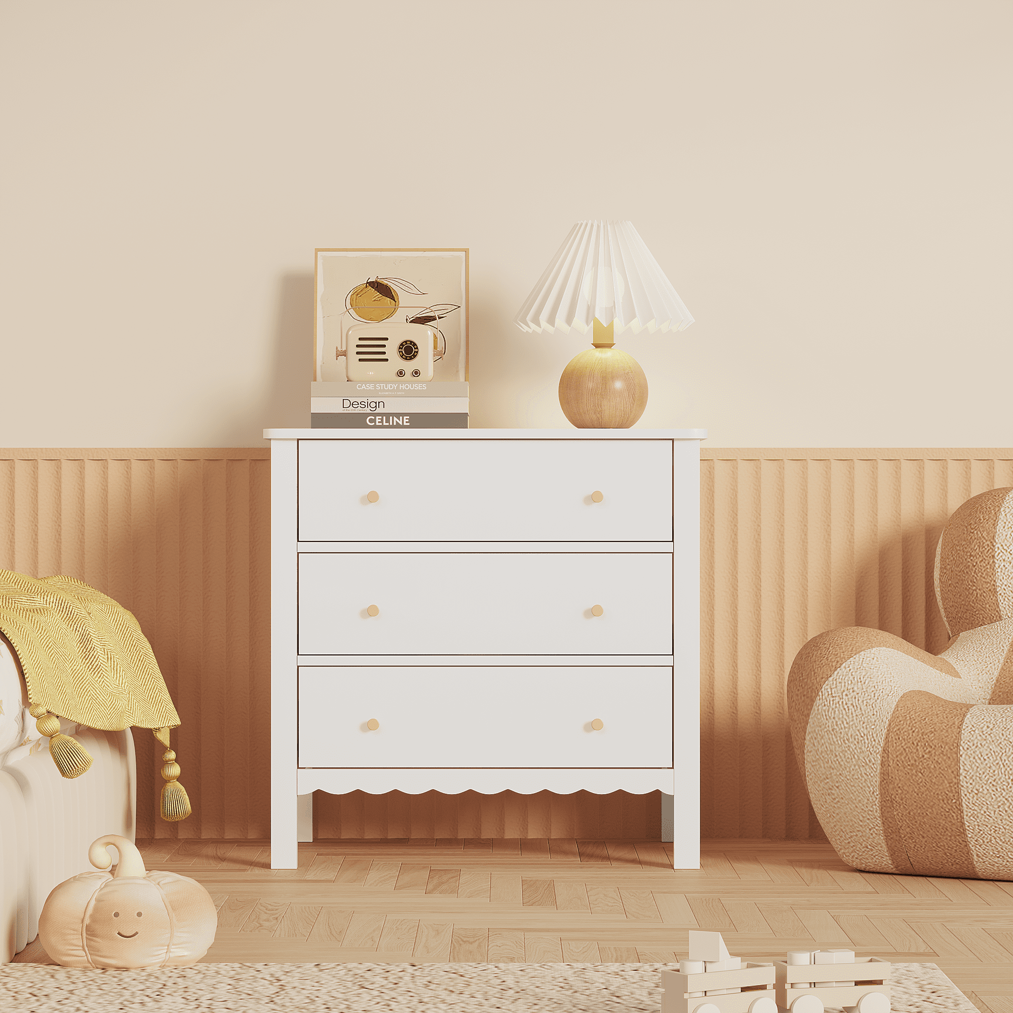 HOQBN White 3 Drawer Dresser for Bedroom,Modern Chest of Drawers with Gold Knobs,Wooden Storage Cabinet for Living Room