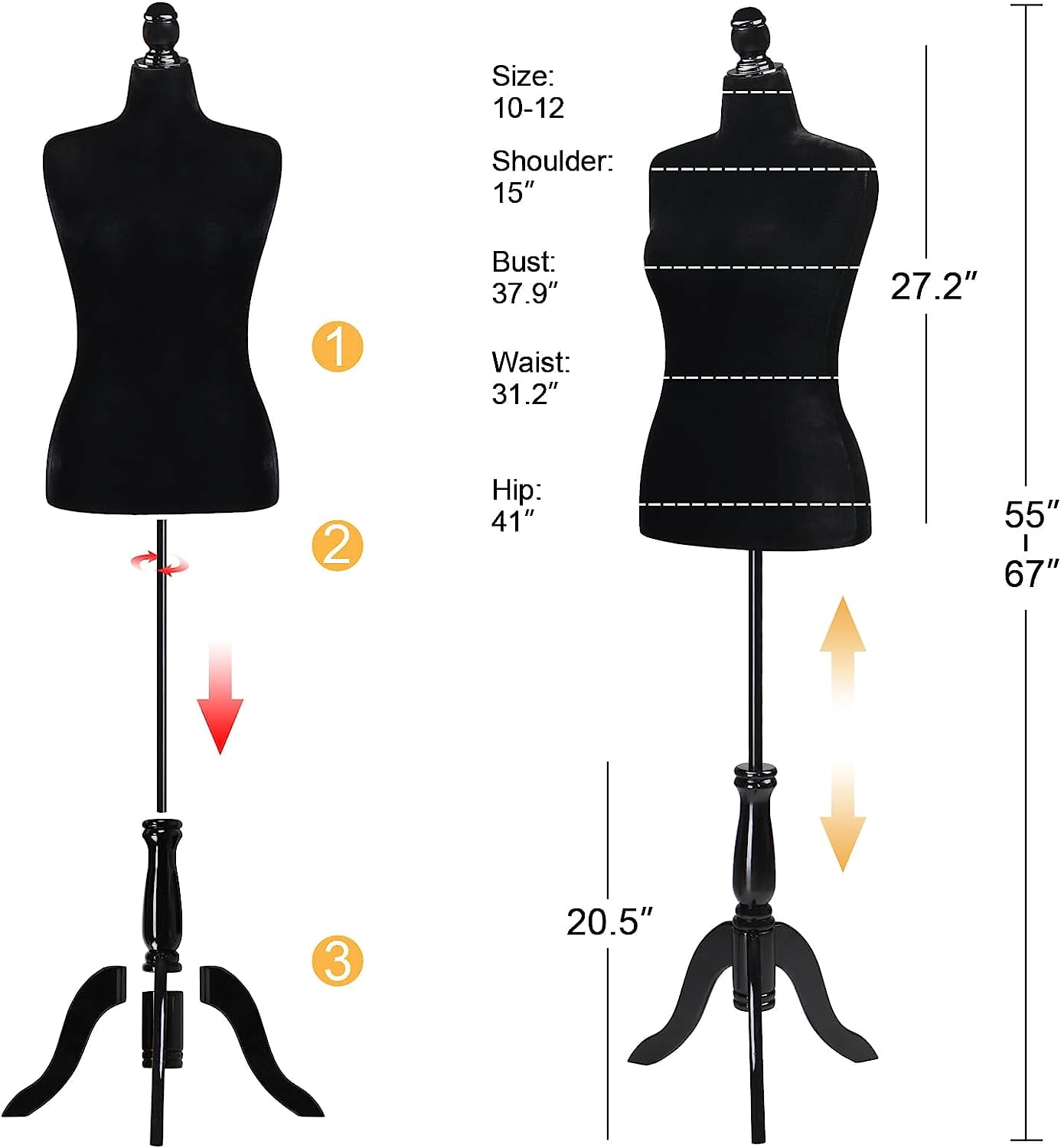 Bonnlo Female Dress Form Pinnable Mannequin Body Torso with Wooden Tripod Base Stand (Black, 10-12)
