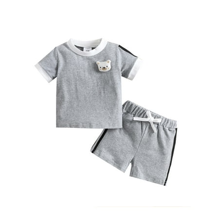 

Bagilaanoe 2 Pieces Toddler Baby Boy Summer Sets O-Neck Short Sleeve Tops with Bear Doll + Shorts for 0-18 Months