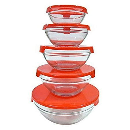 Silver Glass Bowl EverTone Milex Home 5-Piece Heavy Duty Glass Bowl Set - Durable, Heat Resistant, Microwave/Dishwasher Safe Bowls With Seal Tops (Red) ()