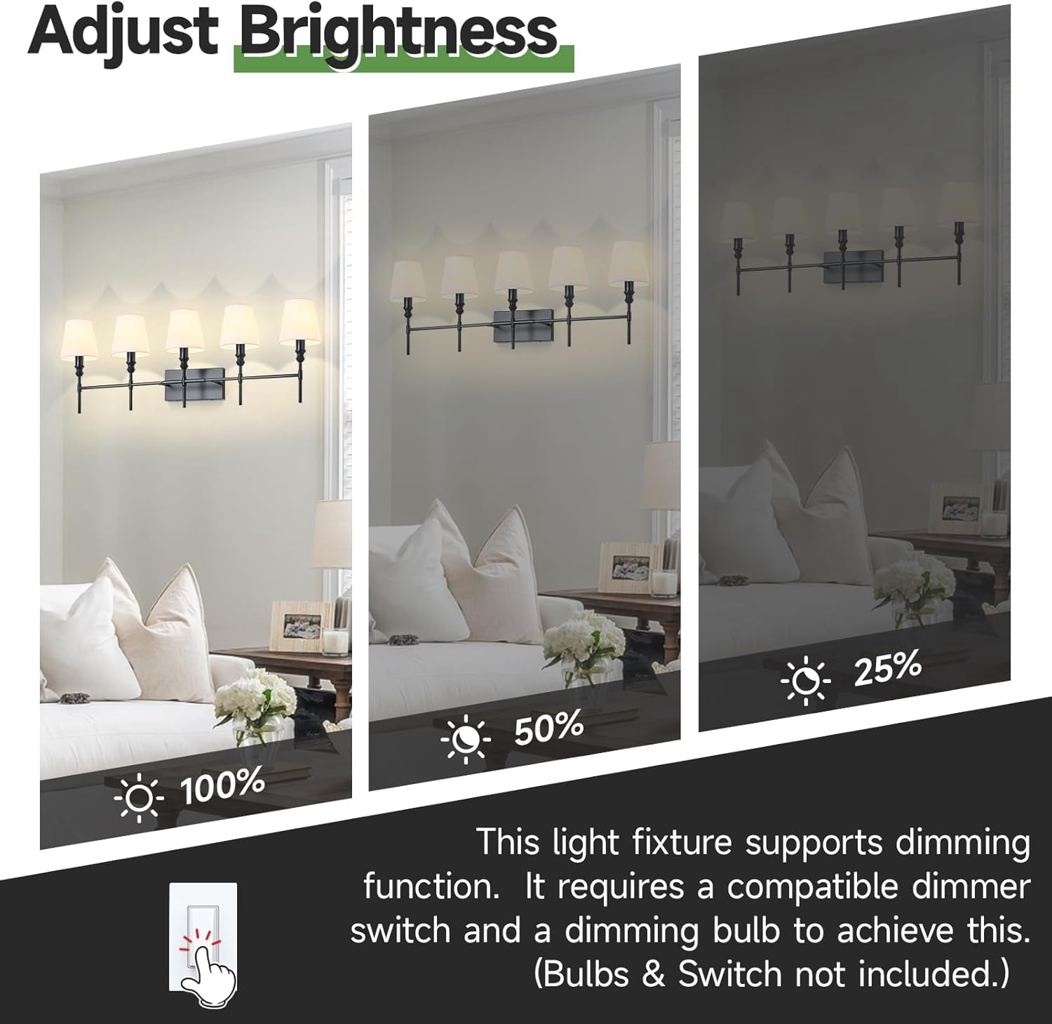 5-Light Vanity Lights for Bathroom,41 in Vintage Black Bathroom Vanity Light Fixtures,with Flared White Fabric Lampshade for Bedroom,Living Room,Foyer,Hardwired,E12 Base