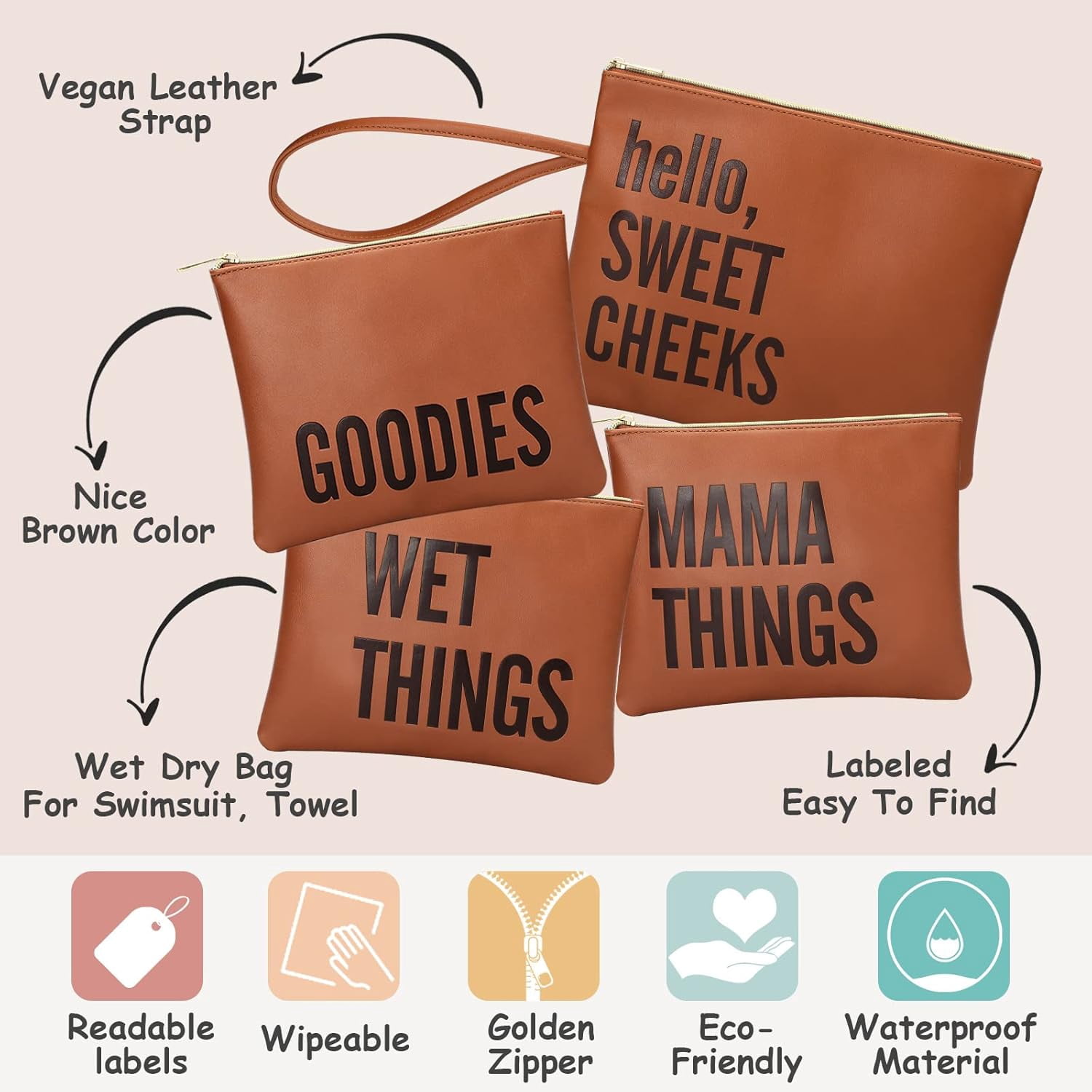 Baby Diaper Bag Organizer, Water Resistant Wet Bags Set of 4 Leather Diaper Clutch,Diaper Bag Organizing Pouches Packing Cubes, Cloth Diaper Wet Dry Bags for Daily Use Travel Vacations