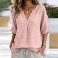 thumbnail image 3 of Womens Tops Casual 100% Cotton V-Neck Button Five-Quarter Sleeve Top, 3 of 8