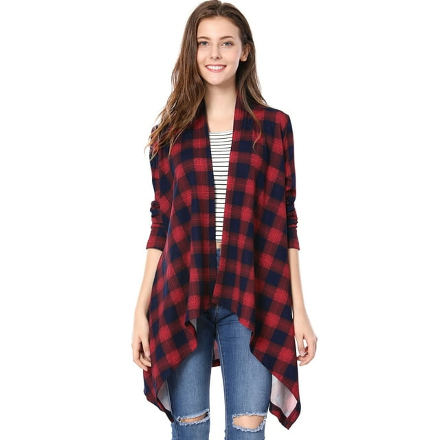 Unique Bargains Femmes Mouchoir Ourlet Ouvert devant Plaids Cardigan