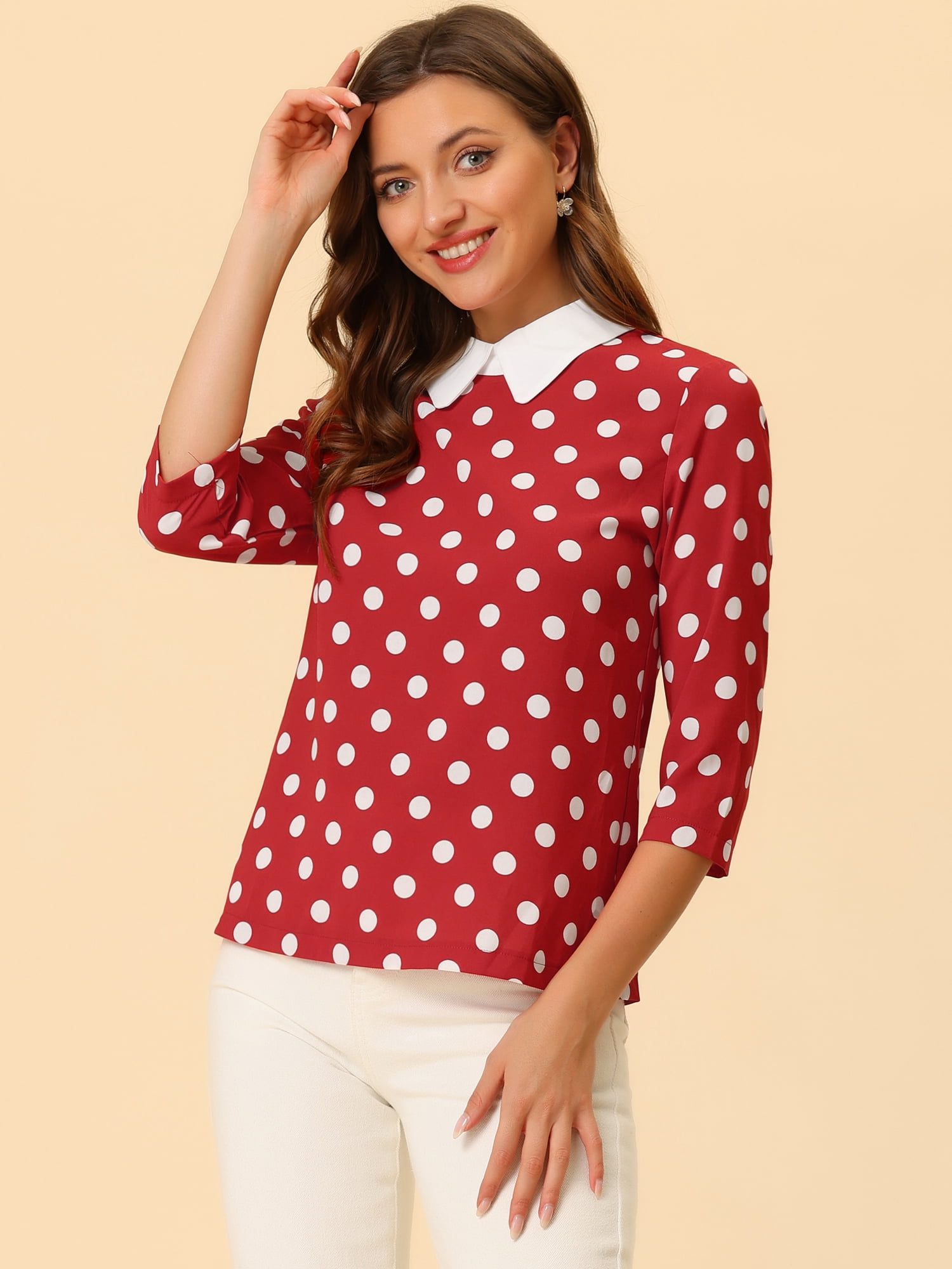DARING DIVA Blouses 3/4 Sleeves Solid Office Work Tops S Red White