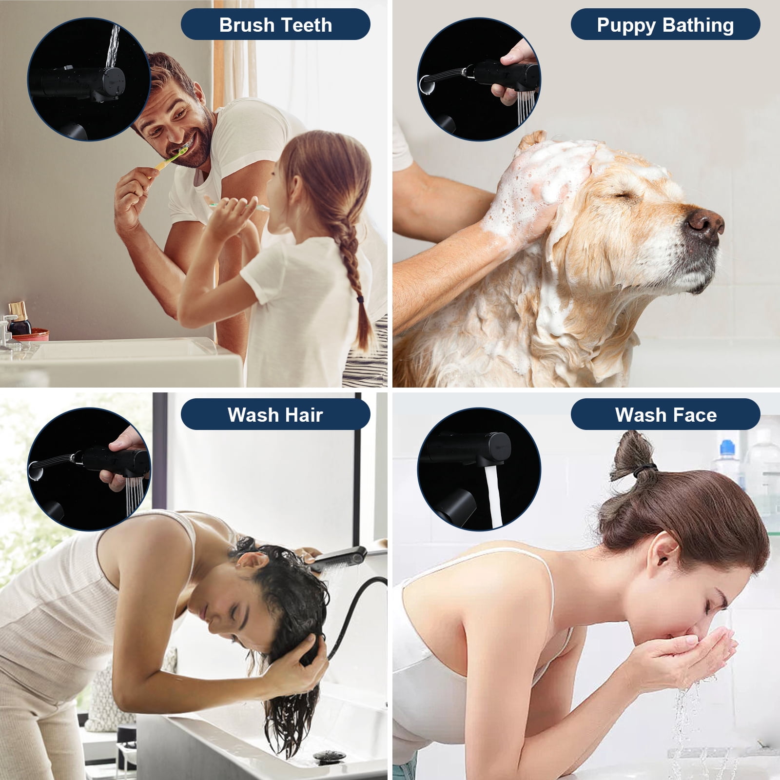 Logmey 19.5" Pull-Out Bathroom Faucet with Sprayer 360° Liftable Head BPA-Free Teeth & Pet Wash Matte Black LM-WAL-SLC2402-2-MB