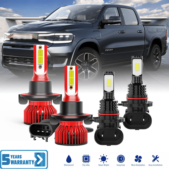 Fit for Dodge Ram 1500 2500 3500 2006-2008 – H13/9008 9145 LED Light Bulbs Combo 4 Pack, 6,500K Cool White 30,000LM Super Bright, Premium LED High Low Beam   Foglights Lamp Upgrade Set