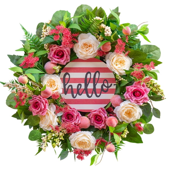 Summer Peach Wreath for Front Door 24 Inch, Artificial Pink Rose & White Peony Floral Wreath with Welcome Sign, Faux Greenery Farmhouse Door Decor for Indoor Outdoor Home Porch Wall