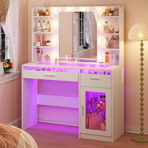 Vanity Desk, Makeup Vanity Desk with Mirror and Lights 3 Colors, Transparent Top Vanity with RGB Drawers, 6 Shelves, Large Tempered Cabinet, Power Outlet, for Bedroom
