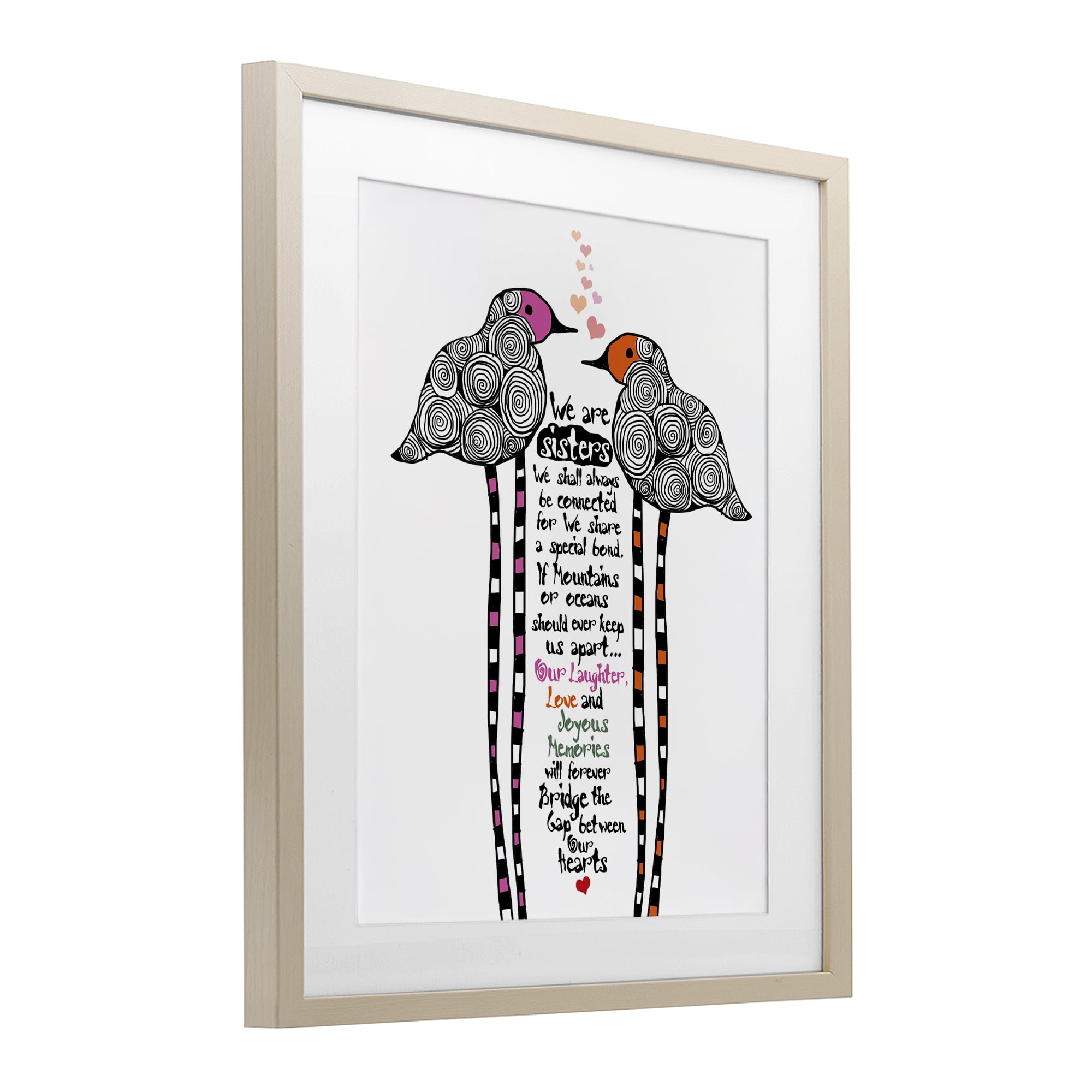 We Are Sisters Bird Duo Birch Framed Print Under Glass, design by Suzanne Millius