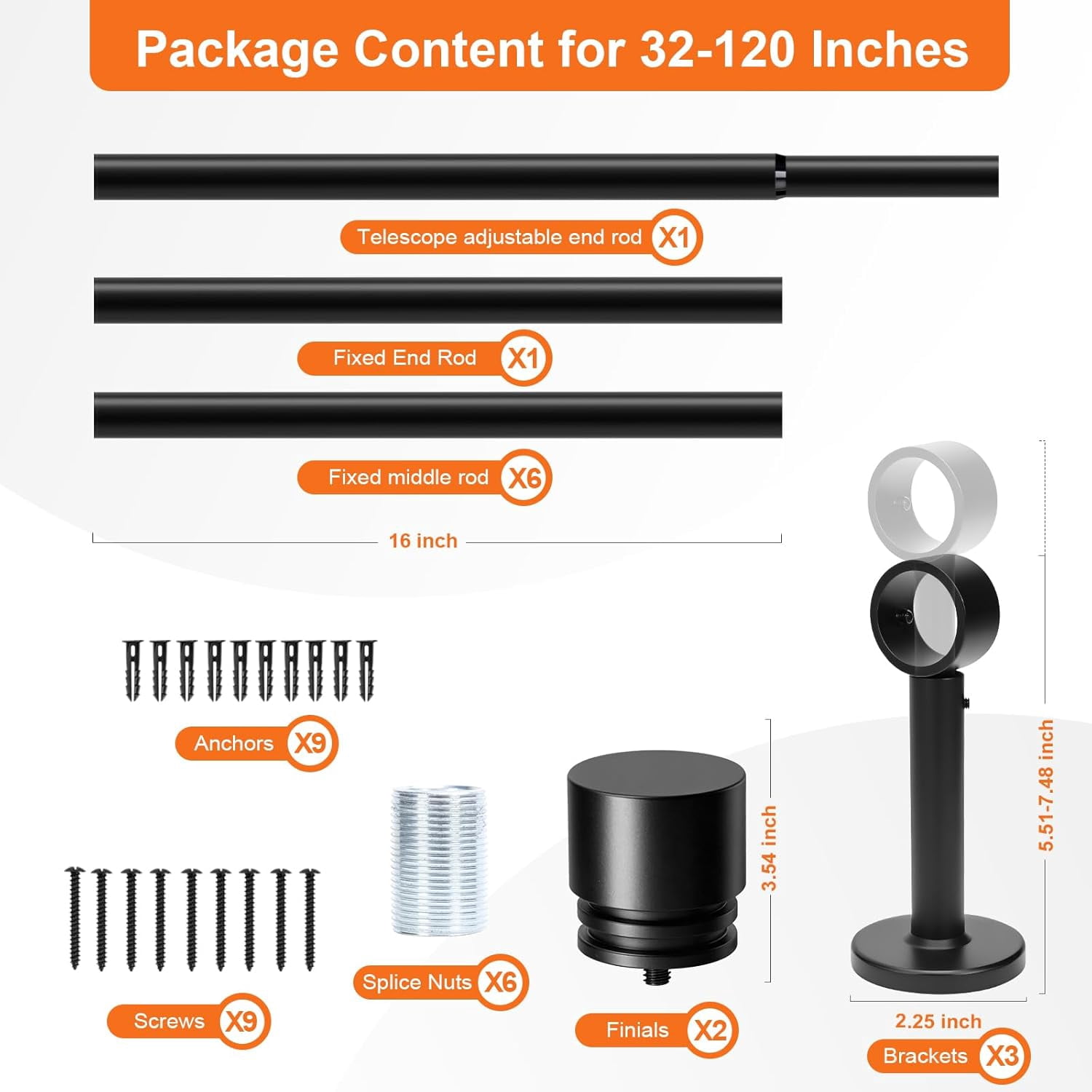 Black Curtain Rods for Windows 66 to 120 Inches (5ft -10ft) - 1" Diameter Thick Heavy Duty Drapery Rod, Adjustable Brackets with Hidden Screws, Metal Finials for Living Room Bedroom Outdoor