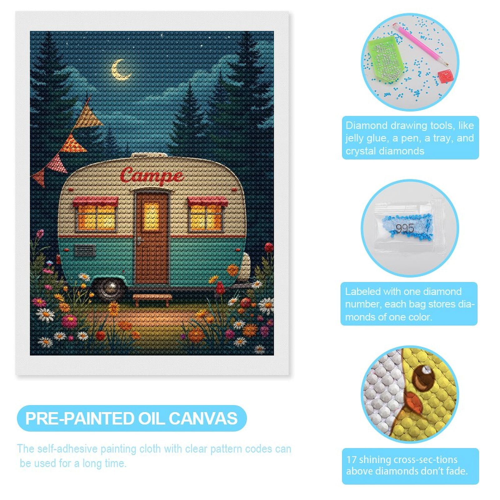 Diamond Art Kits for Adults, Vintage Camper Moonlit Night 5D Diamond Painting Kits for Adults Beginners, DIY Full Drill Diamond Painting, Gem Art and Crafts 12x16