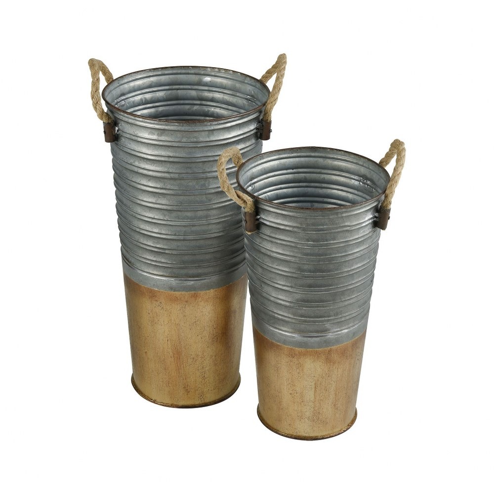 Industrial Style Pail Vases With Rope Handles Set Of 2 In Brown Color