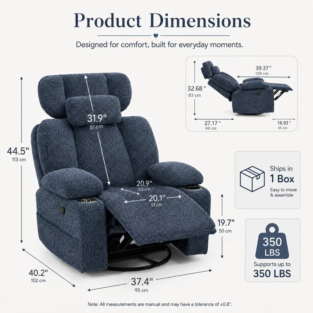 TiramisuBest Swivel Rocking Recliner Chair with Cup Holders,Big and Tall Manual Chenille Lounge Chair for Living Room,Blue
