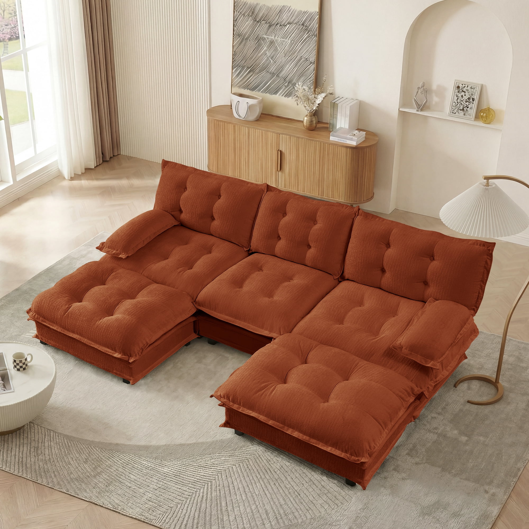 MAYEERTY 107 Inch U-Shaped Sectional Sofa with 2 Ottomans, Chenille 3-Seater Modular Couch, Solid Wood & Metal Frame for Living Room Bedroom Apartment