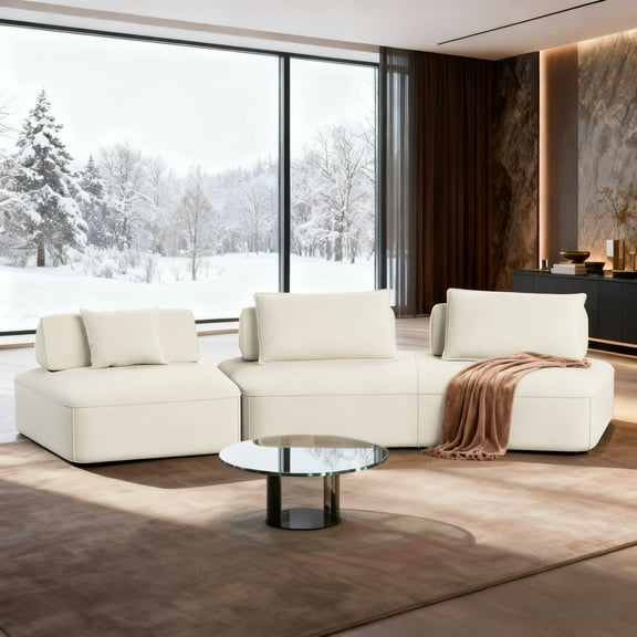 Modular Sectional Sofa, 139" Oversized 3-Seat Couch for Living Room Modern Curved Chaise Lounge Deep Seat Sofa Bed with Soft Chenille Fabric, No Assembly Required, Beige