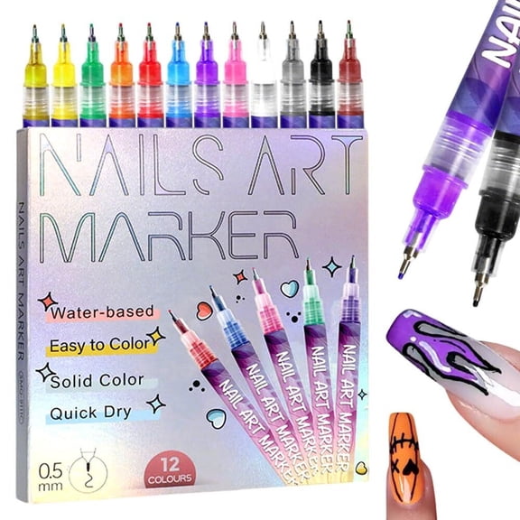 NailArt Markers Set - 12 Color Professional Nail Art Pens with 0.5mm Tip for Intricate Designs, Quick Drying & Easy Application