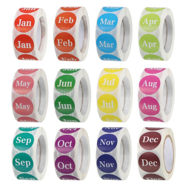 Etiquetas redondas de meses del año 1 pulgada 12 rollos DIY pegatinas circulares de codificación de colores 12 etiquetas de meses postales, 500 conteos/rollo